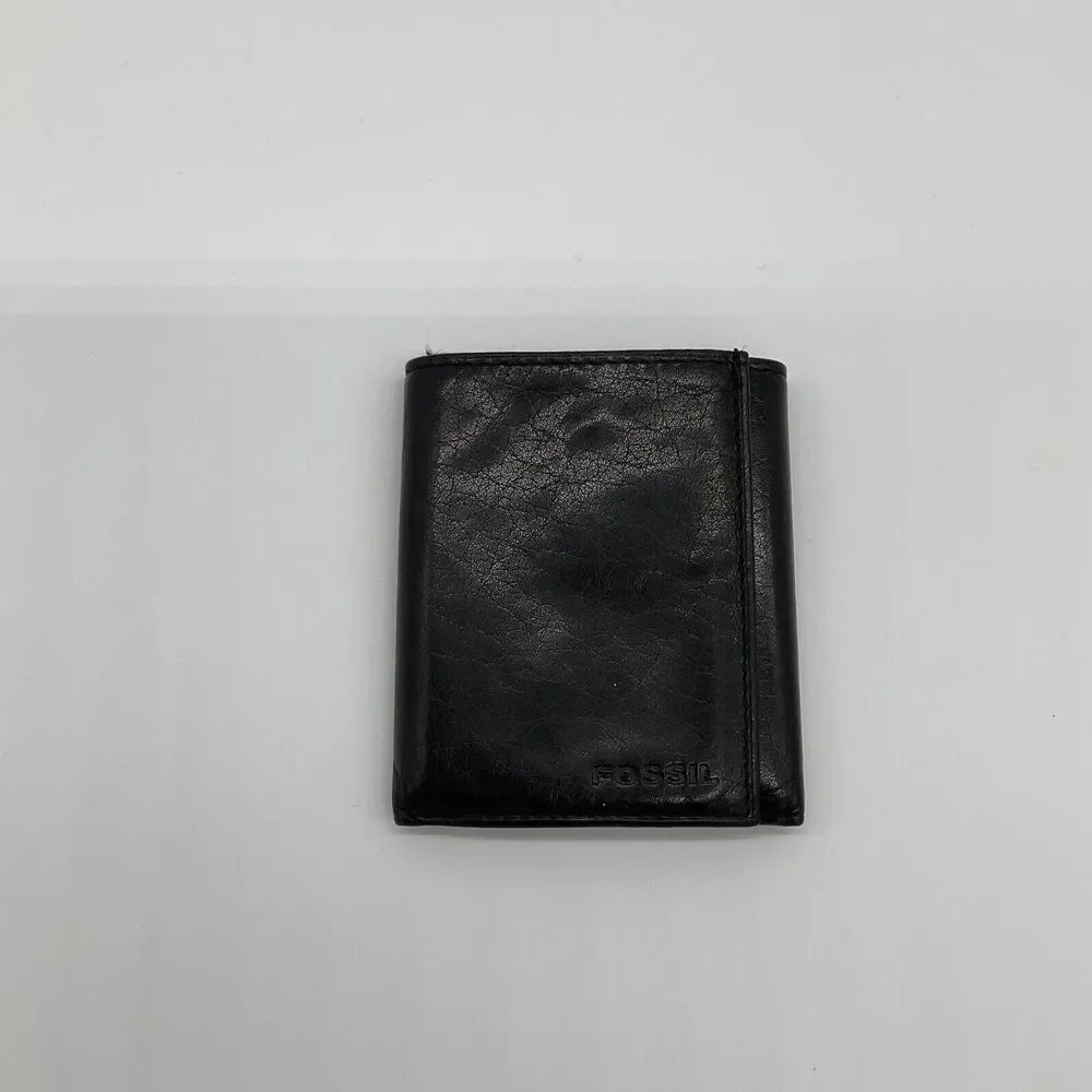 Fossil Wallet Black Genuine Leather Trifold ID &‎ Card Slots